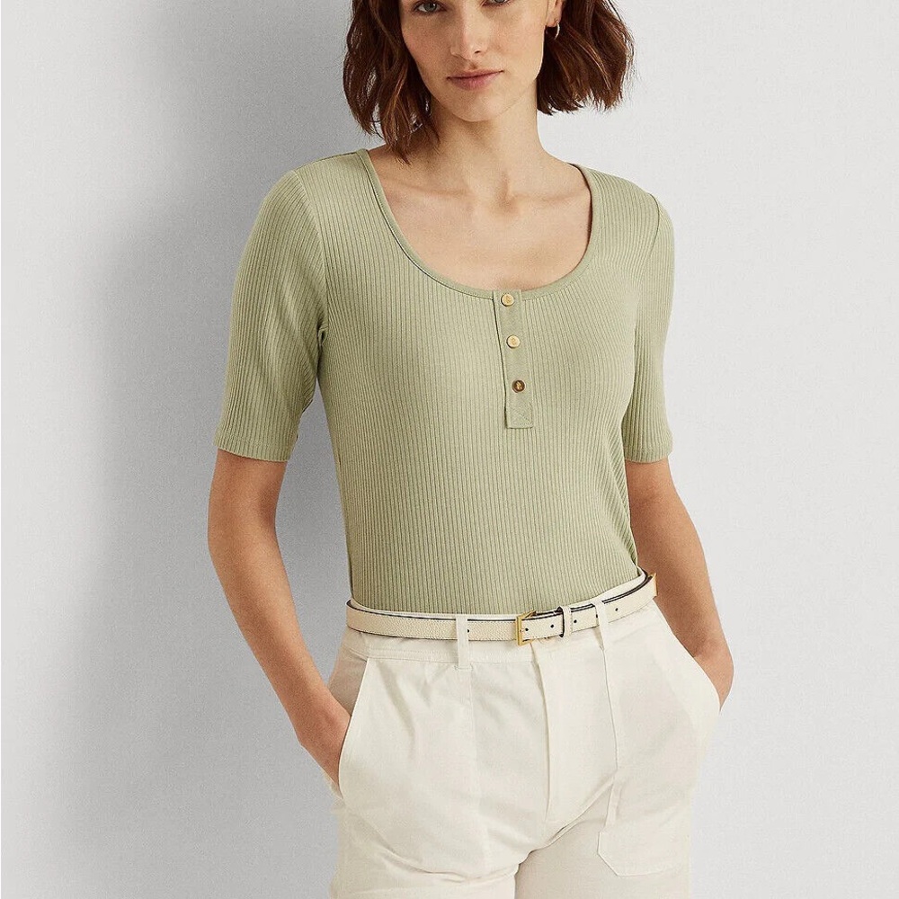 LAUREN RALPH LAUREN Elbow-Sleeve Henley Top Ranch Sage Green Size XS